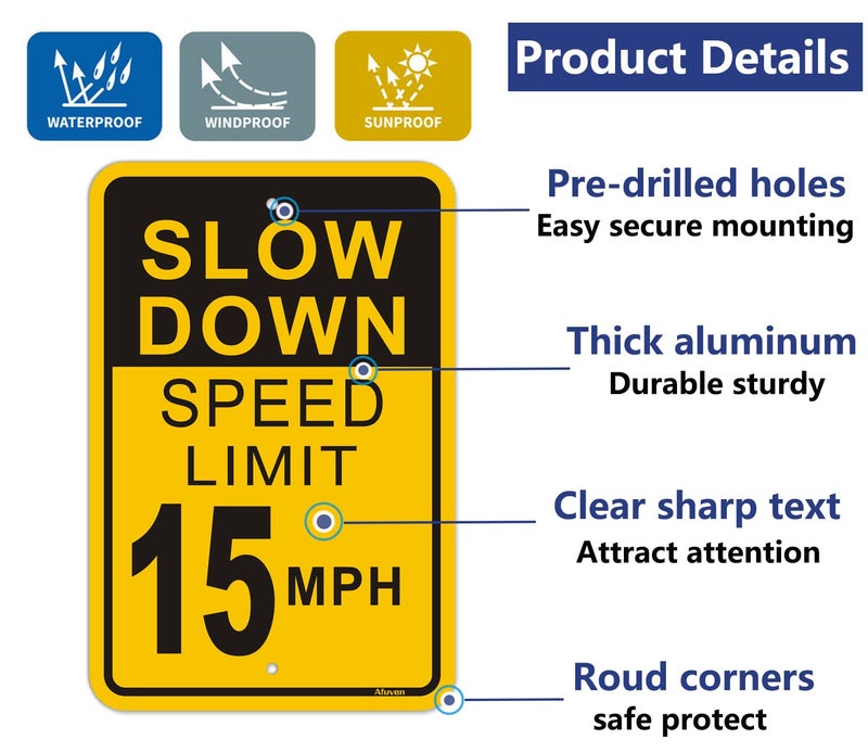 Afuven Slow Down Speed Limit 15 MPH Sign 2 Pack Metal Reflective 15MPH Signs Slow Traffic Signs 12" x 18" Rust Free Aluminum Easy Mounting Outdoor Use Waterproof Sturdy - Image 3